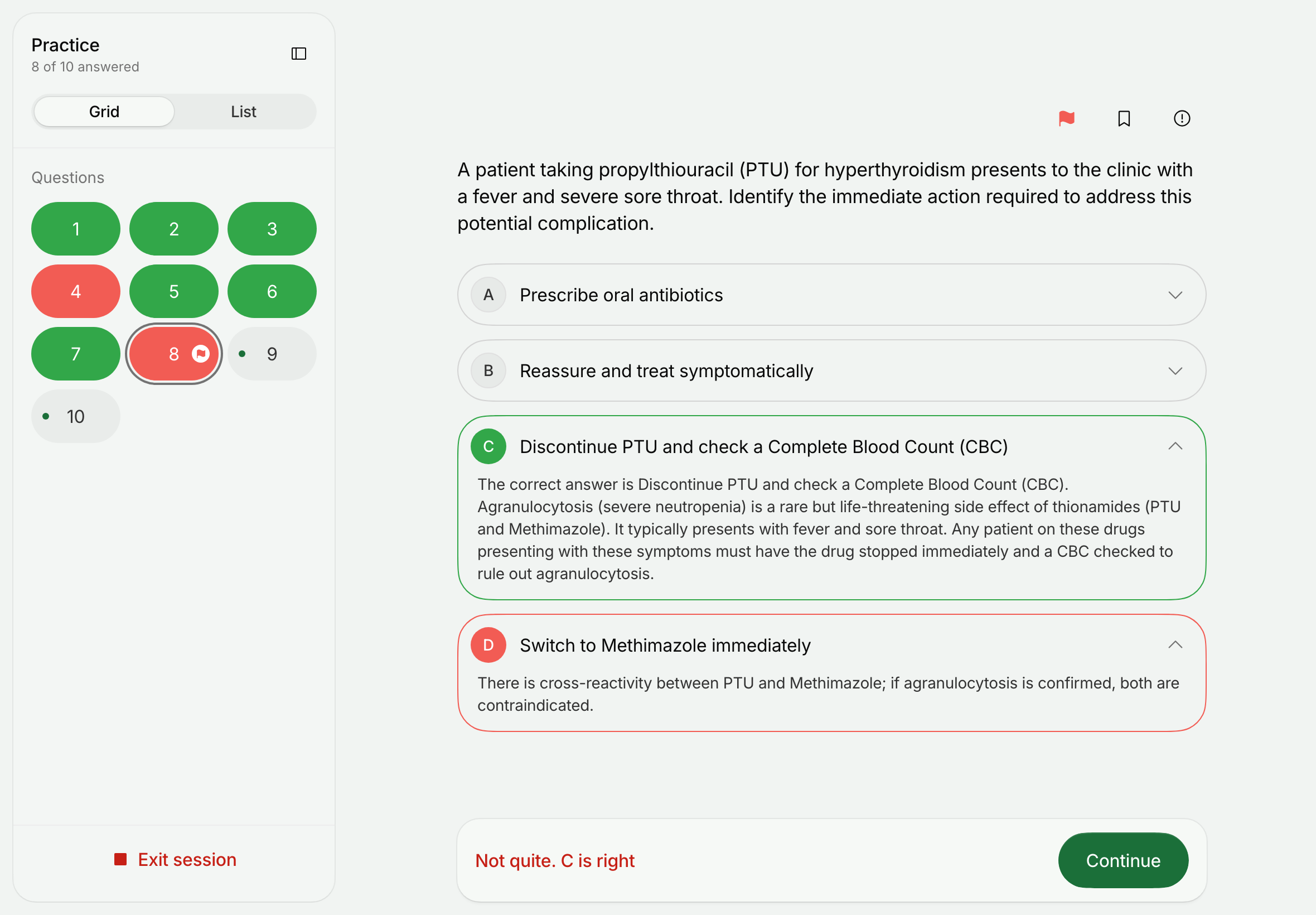 An EMREE question in the Maxemo app on an iPad: the question grid, the flag on, the wrong pick in red and the right answer in green, each with its explanation